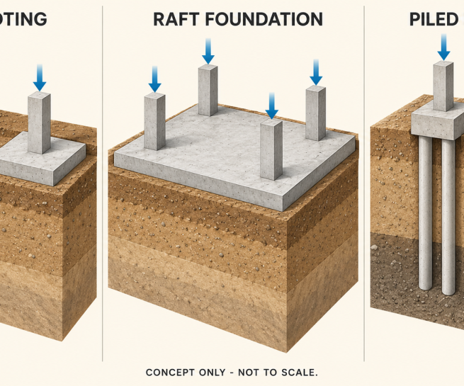 Keratan konsep pad footing berasingan, raft berterusan dan pile cap dengan cerucuk dalam tanah.
