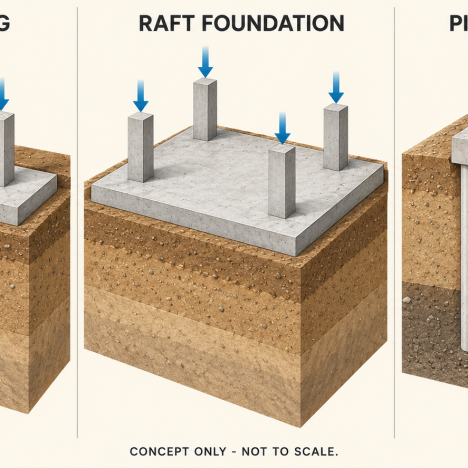 Keratan konsep pad footing berasingan, raft berterusan dan pile cap dengan cerucuk dalam tanah.